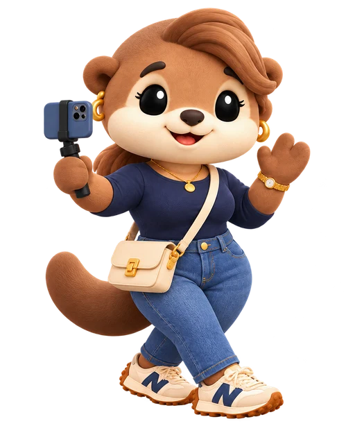 OtterReel’s stylish female otter, waving and filming with her phone, wearing a navy top, jeans, gold jewelry and cream sneakers